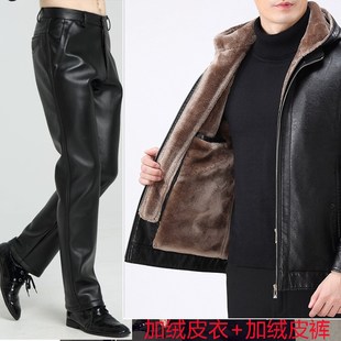 男加绒加厚一套冬季 套装 带帽皮衣皮裤 骑行机车服摩托车皮夹克男士