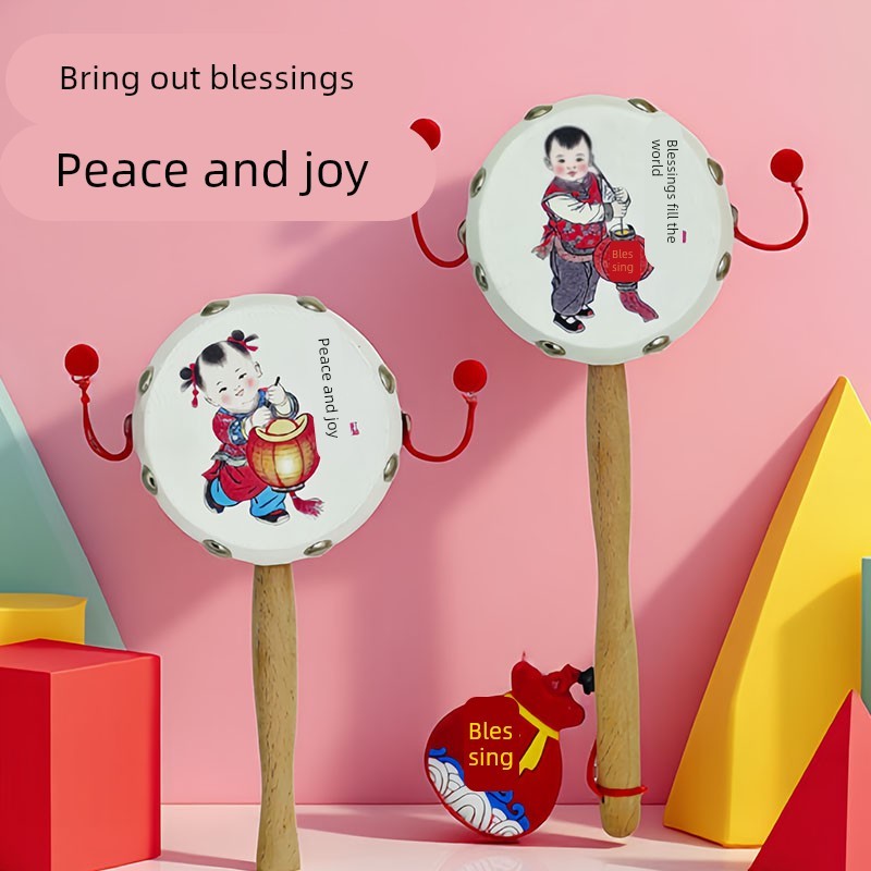 拨浪鼓玩具羊皮鼓面传统老式手工羊皮鼓面无漆木手柄吉祥年画宝宝