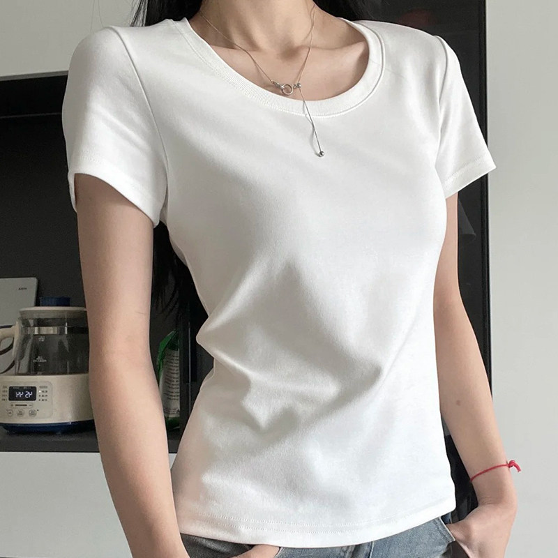 钱与书正肩t恤女士纯白色棉短袖修身款精致小上衣独特u圆领夏日黑