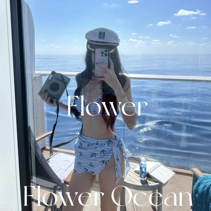 【少女航海】海军风条纹分体bikini三件套海边度假泳衣纯欲风新款