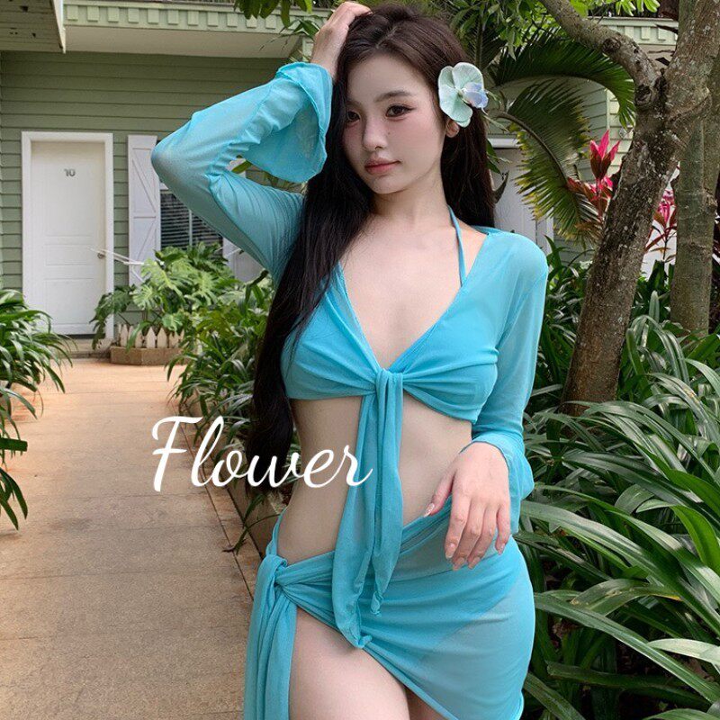 【小人鱼】性感小清新蓝色bikini分体四件套长袖温泉度假泳衣女款