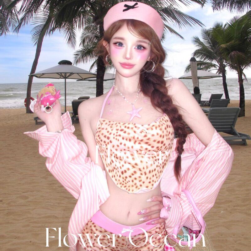 【小奶豹】甜辣少女粉色纯欲风bikini三件套沙滩度假豹纹分体泳衣