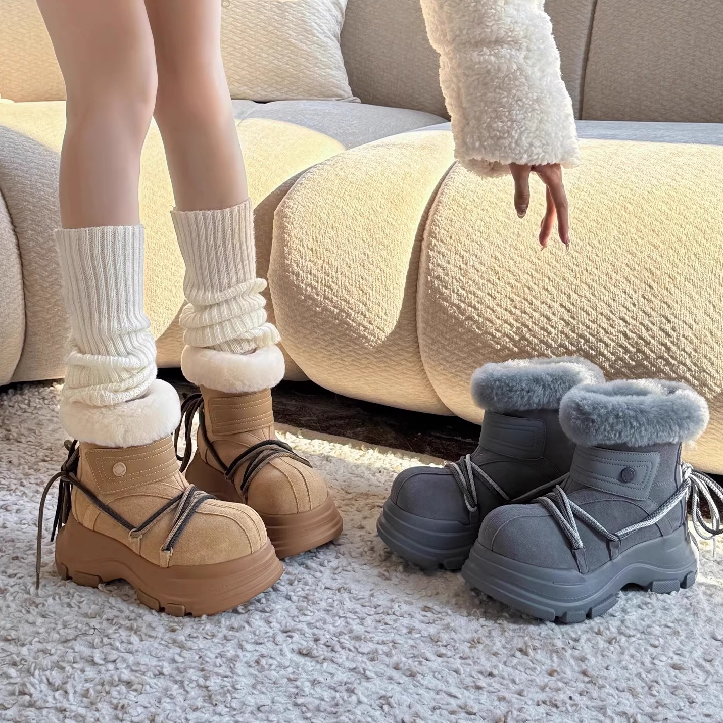 2025冬新款中筒厚底加绒保暖棉鞋