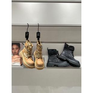 真皮拼接皮带扣大黄靴骑士靴复古铆钉机车短靴 马丁靴女2025年新款