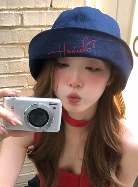 【猫仔kitten】】蓝色日系翻檐牛仔帽子女复古时尚百搭大帽檐盆帽