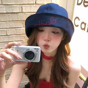 【猫仔kitten】】蓝色日系翻檐牛仔帽子女复古时尚百搭大帽檐盆帽