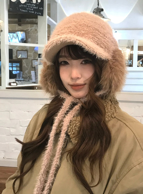 【猫仔kitten】毛茸茸仿兔毛胡耳毛绒鸭舌帽冬季保暖韩系帽子女