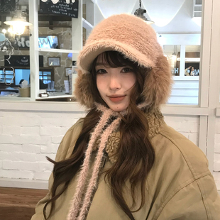 【猫仔kitten】毛茸茸仿兔毛胡耳毛绒鸭舌帽冬季保暖韩系帽子女