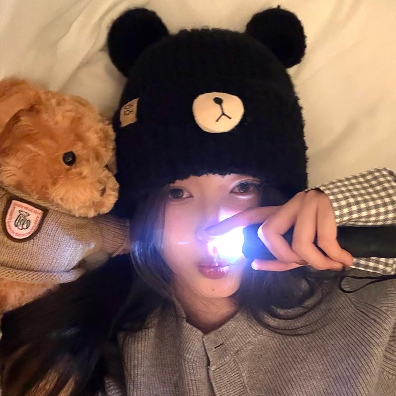 日系卡通撞色熊猫毛线帽