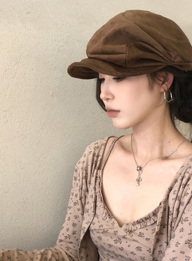 【猫仔kitten】秋冬复古贝雷帽鹿皮绒画家帽美拉德色系报童帽子女