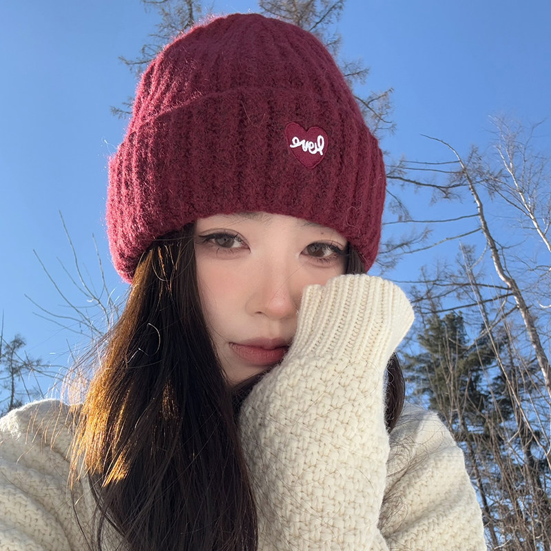 【猫仔kitten】酒红色爱心针织帽子女套头毛线帽百搭大头围显脸小