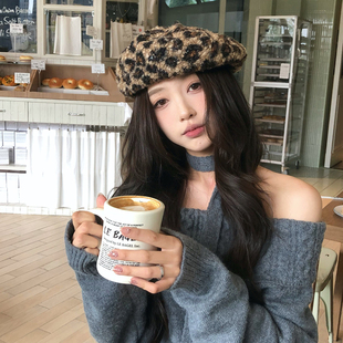 保暖画家帽子 豹纹贝雷帽女网红高级感名媛秋冬款 猫仔kitten