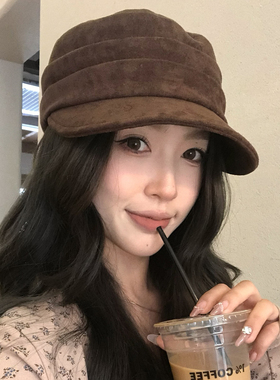 【猫仔kitten】咖色秋冬复古麂皮绒鸭舌帽保暖多层褶皱平顶帽子女
