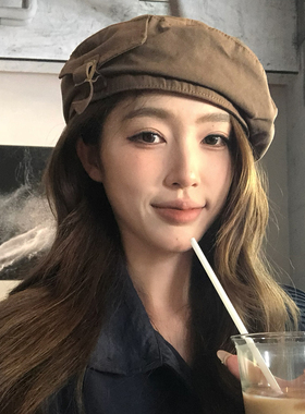 【猫仔kitten】复古贝雷帽个性口袋设计画家帽文艺做旧棕色帽子女
