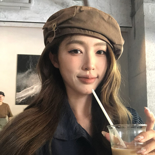 【猫仔kitten】复古贝雷帽个性口袋设计画家帽文艺做旧棕色帽子女
