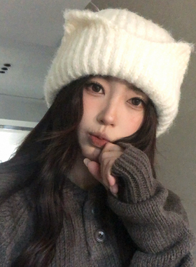 【猫仔kitten】可爱猫耳朵保暖针织帽秋冬毛线帽护耳韩版套头帽女