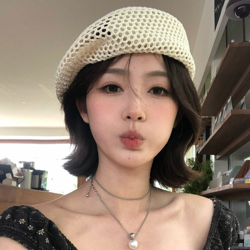 【猫仔kitten】夏季镂空针织透气贝雷帽休闲风韩版简约无檐帽子女