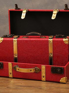 复古红色手提箱密码箱储物衣服皮革收纳箱老式皮箱大号行李箱木箱