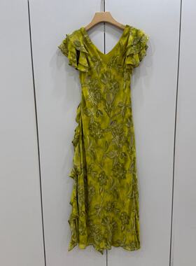 L68996 欧货2026夏法式V领复古印花荷叶边气质修身显瘦连衣裙长裙