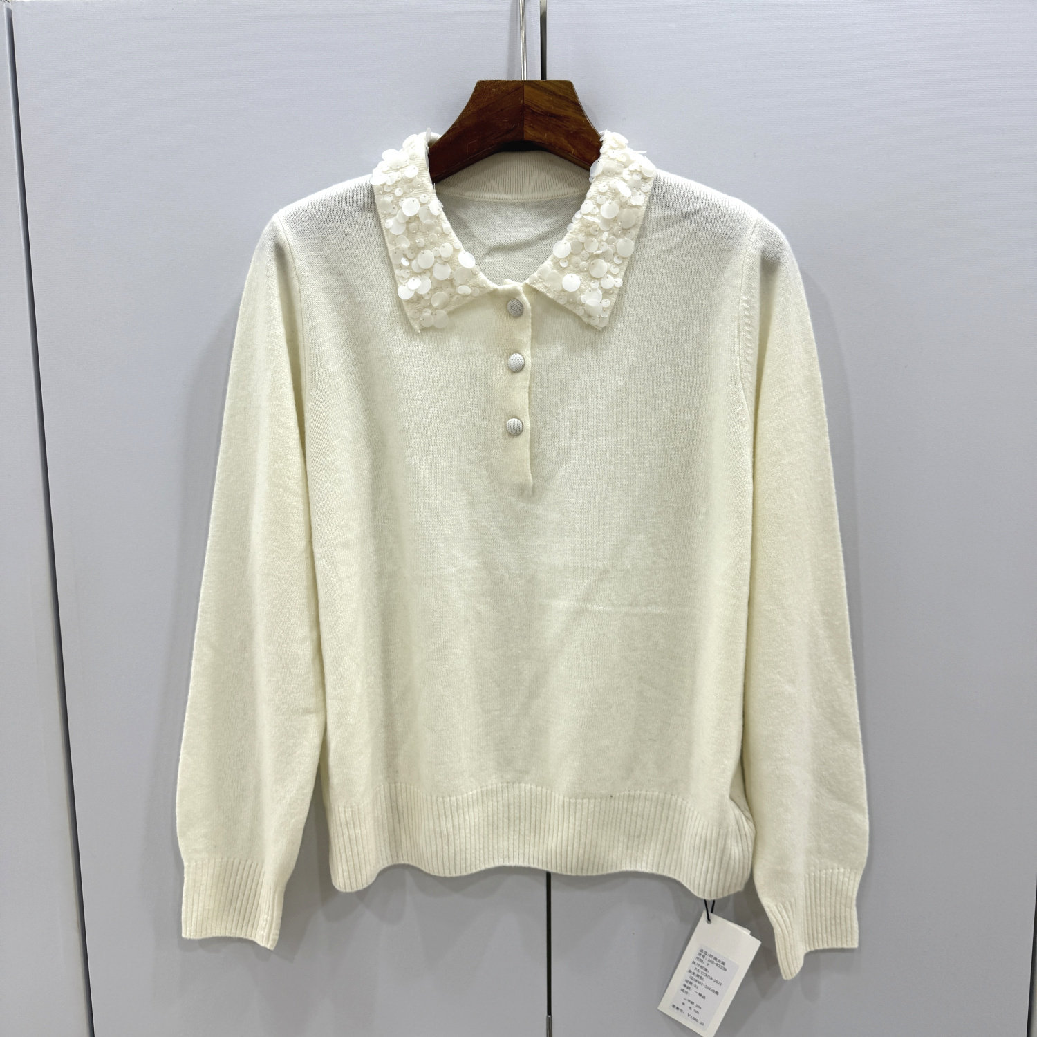 166-83339欧洲站25冬鱼鳞大亮片三粒扣翻领休闲减龄羊毛羊绒毛衣