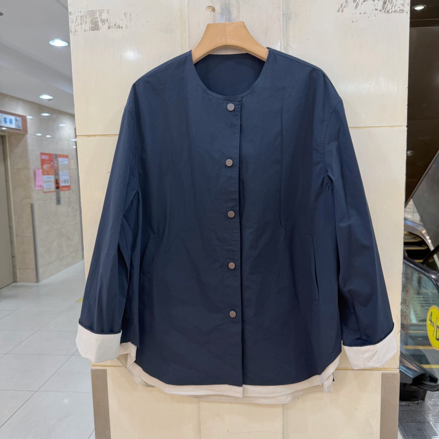 F7632欧货极简风圆领假两件风衣女简约百搭宽松显瘦廓形短外套秋