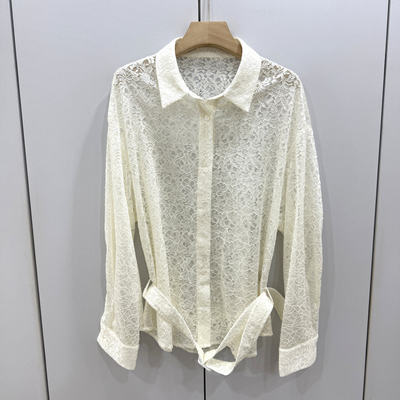 MX26322欧洲站小众镂空蕾丝衬衫长袖翻领系带收腰通勤风百搭上衣