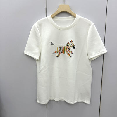 26006欧洲站2026春夏时尚圆领重工钉珠小马刺绣花百搭显瘦短袖T恤