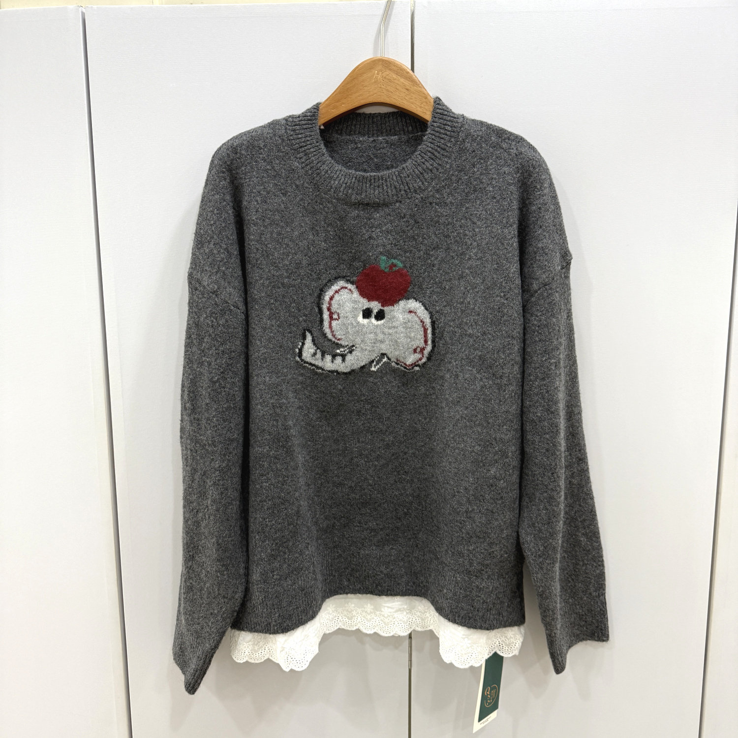 85022 欧洲站2025冬新款时尚洋气卡通小象图案减龄拼接长袖针织衫