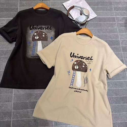 32082欧洲站早秋可爱休闲风蘑菇字母印花短袖T恤宽松圆领大版上衣
