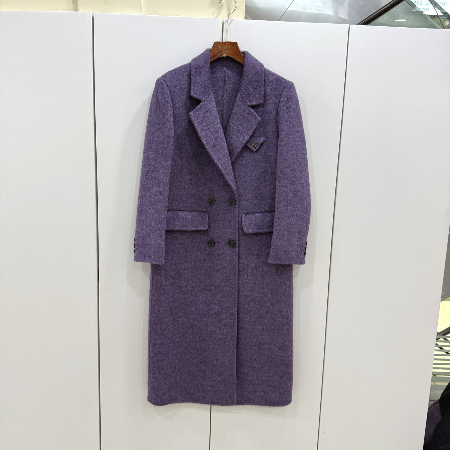 2506欧洲站25秋冬时尚垫肩西装领双排扣赫本风长款双面羊毛呢大衣