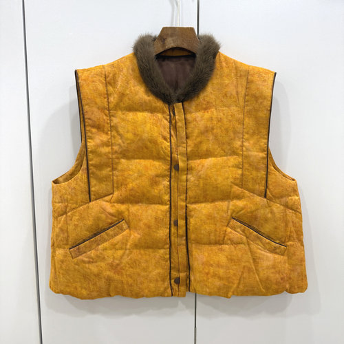 L6688欧洲站2025秋冬水貂毛立领单排按扣人丝亚麻鹅绒羽绒服马甲