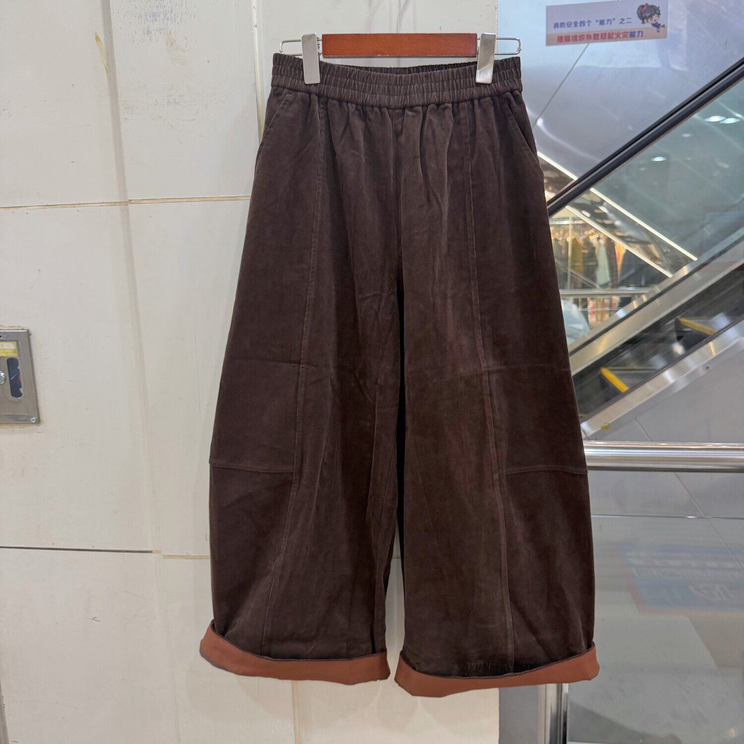FF266052 松紧高腰撞色卷裤脚休闲宽松阔腿灯芯绒气球裤女裤秋装