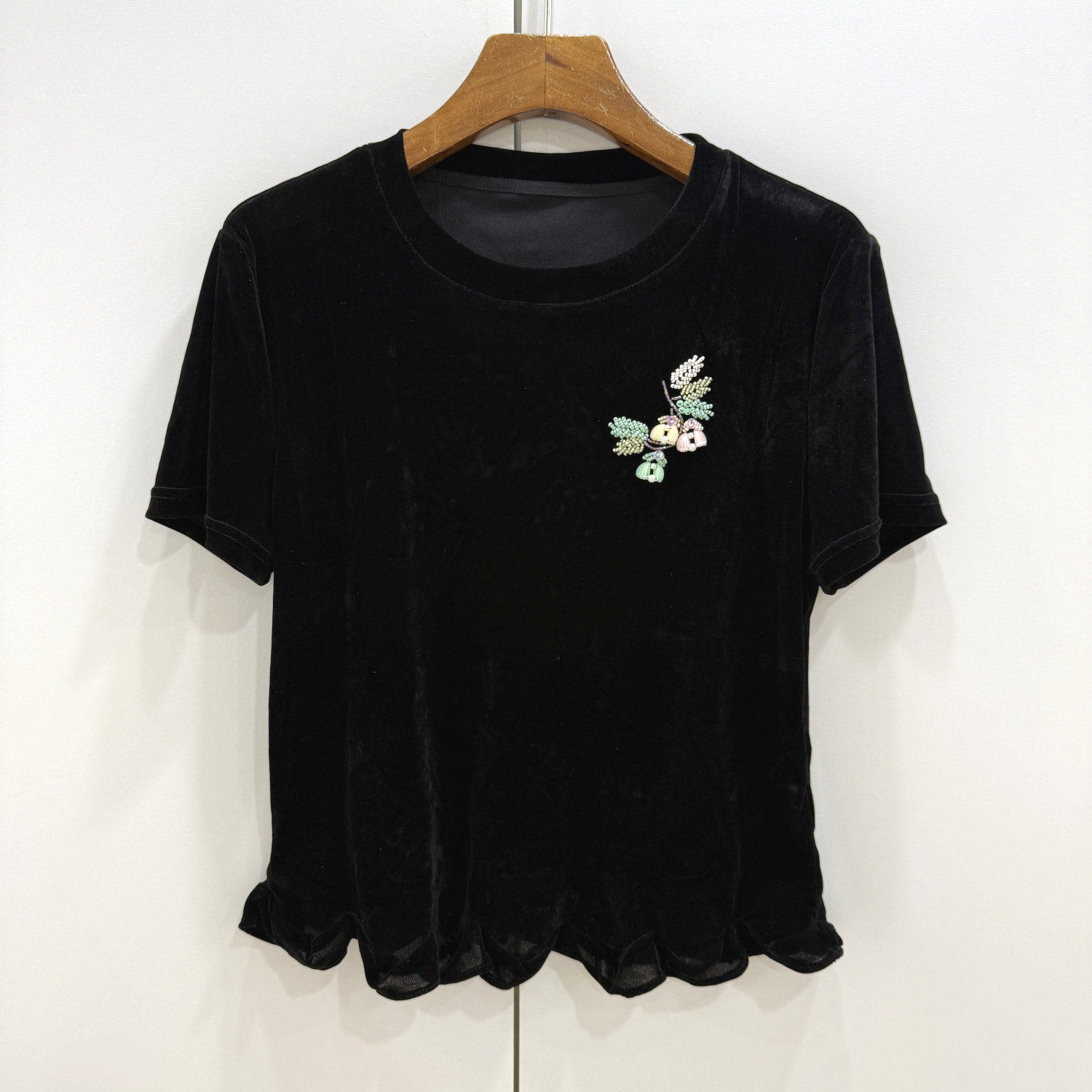 37344植物绒短袖T恤女荷叶边圆领串珠亮片刺绣减龄百搭休闲上衣夏