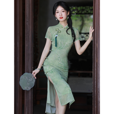 日本进口MUJIE绿色旗袍2025新款夏季改良年轻款少女新中式日常可
