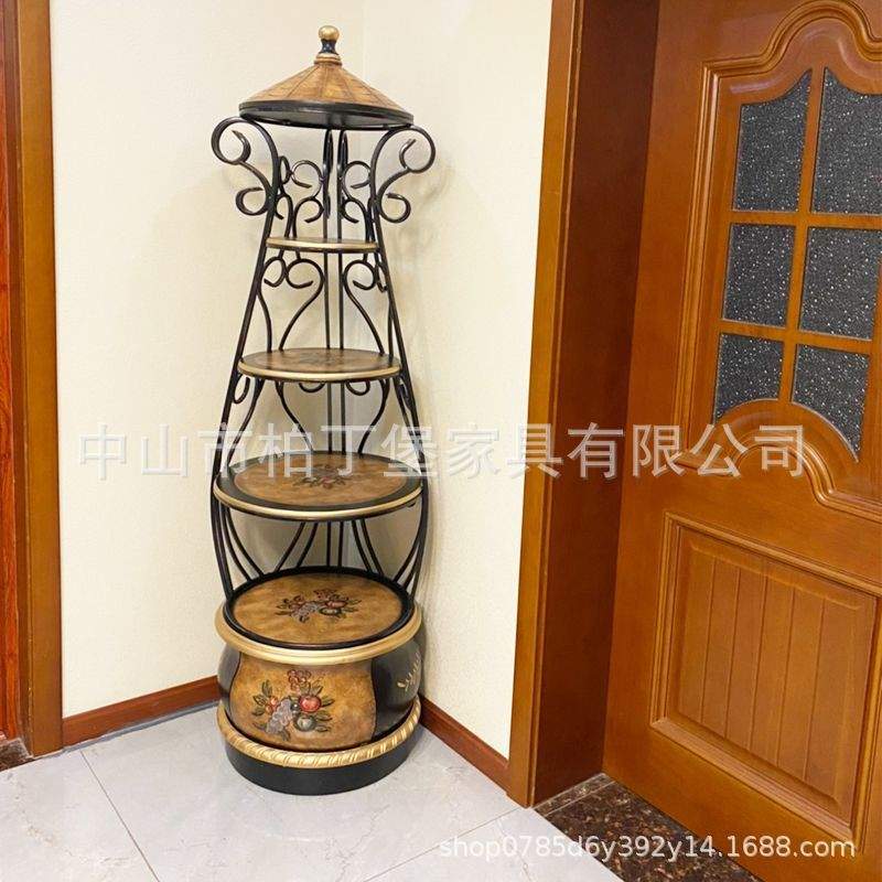美式复古彩绘花架客厅置物架阳台落地式多层室内圆形花几花鸟图