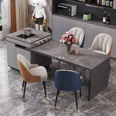 轻奢岩板岛台餐桌一体厨房可伸缩现代简约家用灰色中岛台茶桌