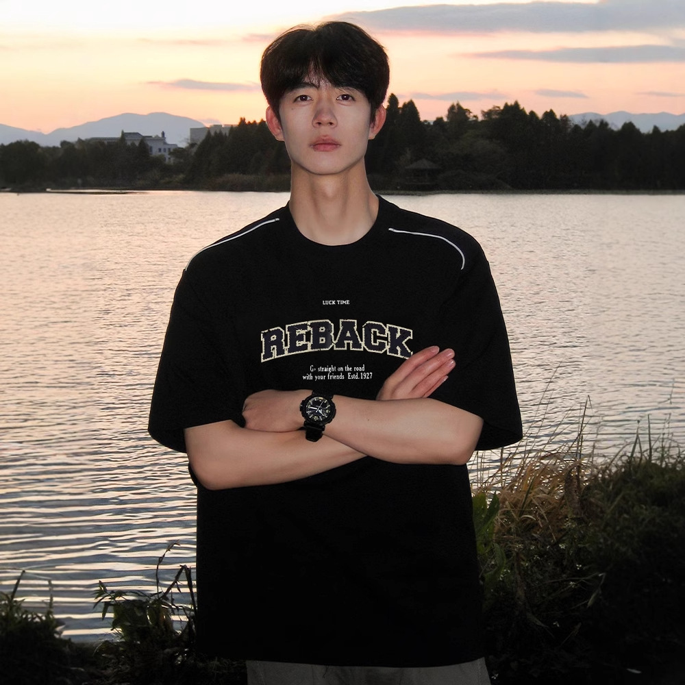 美式复古短袖T恤男黑色重磅纯棉圆领宽松潮牌字母印花上衣