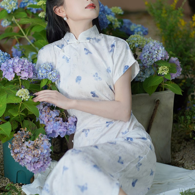 花开栀夏 古法全开襟一片式旗袍复古民国风年轻款少女曳地长款