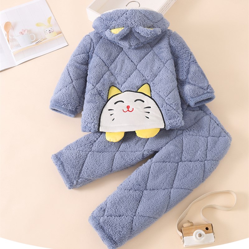 小中大童三层夹棉法兰绒睡衣男童女童小孩珊瑚绒冬季厚款家居服