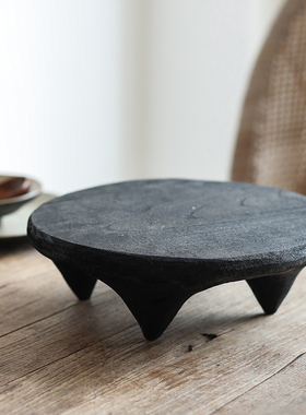 黑色矮脚木平盘实木装饰托盘摆件四脚民宿侘寂风客厅小茶盘圆形
