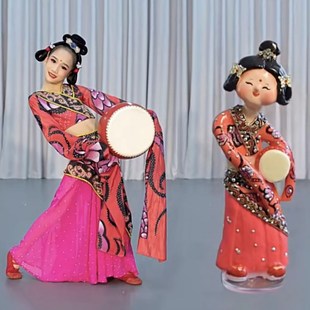 儿童汉唐楚优舞蹈服中国风古典舞民族服踏鼓声声红色水袖 演出服装