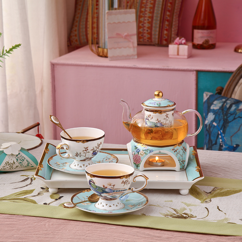 花草茶具玻璃壶带过滤蜡烛加热底座骨瓷国潮咖啡杯碟下午茶壶套装