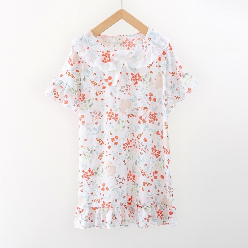 女童睡裙夏季短袖棉绸睡衣儿童甜美娃娃领连衣裙学生薄款家居服裙