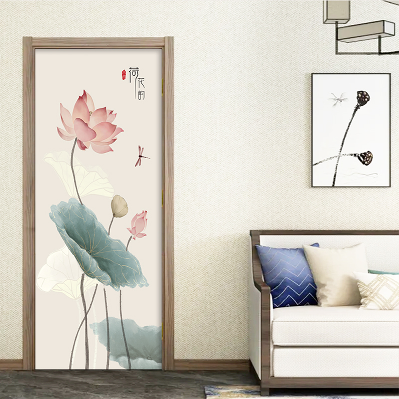 新中式荷花房门贴画自粘古典荷韵防水定制整张翻新软装装饰贴纸