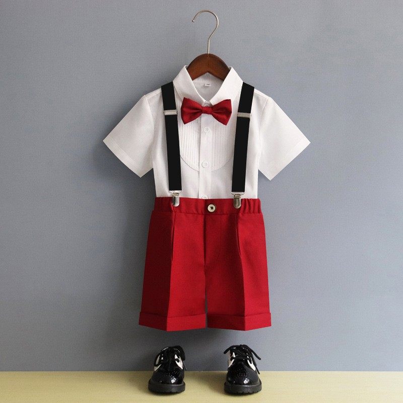 男童西装短裤松紧腰红色夏季儿童西装裤男宝西裤男孩抱婴袋裤套装