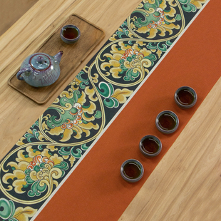 敦煌卷草纹茶席新中式禅意防水茶桌垫布茶几桌布茶台长条桌旗茶旗
