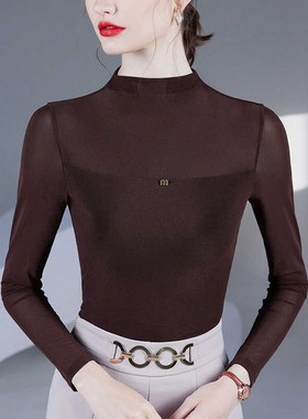 2024新款小高领纱衣打底衫女长袖沙体网纱t恤黑色薄纱蕾丝上衣秋