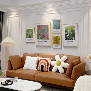 梵高装饰画玫瑰花油画沙发背景墙画丰收麦田名画客厅艺术组合挂画