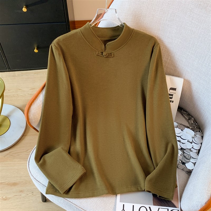 国风盘扣立领德绒打底衫女秋装中式长袖t恤气质旗袍上衣内搭小衫