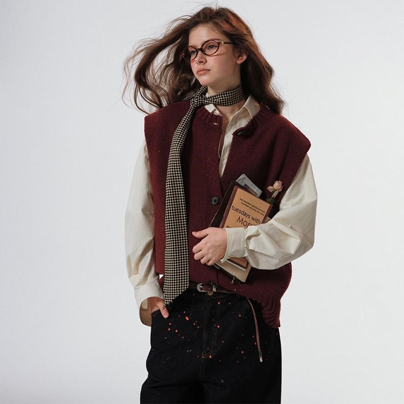 SINGLE MOMENT 安哥拉红羊毛混纺重磅花纱新年针织开衫背心马甲女